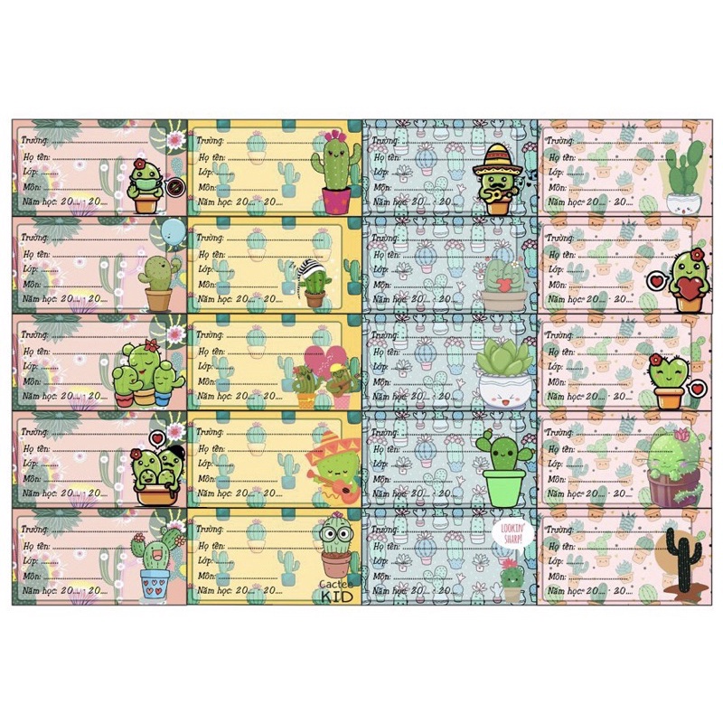 Nhãn vở xương rồng 20 cái khác nhau/ nhãn dán in hình xương rồng dễ thương