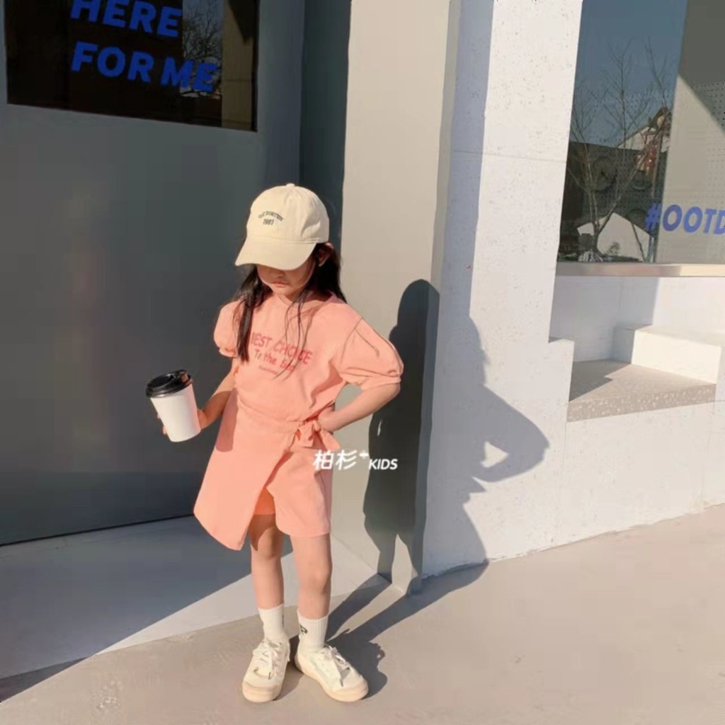 [Khuyến Mãi Bởi Cửa Hàng] Set Áo Thun Tay Ngắn + Quần Short Thể Thao Dáng Rộng Thoải Mái Dễ Phối Đồ Phong Cách Phương Tây Cho Bé Gái