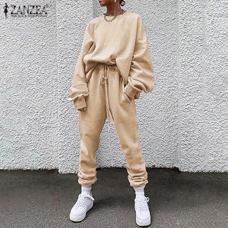 Set đồ nữ Zanzea gồm áo tay dài cổ tròn và quần dài lưng co giãn màu trơn phong cách đường phố thể thao