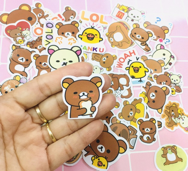 Set 30-50 sticker gấu rilakkuma ép lụa/ hình dán emoji rilakkuma