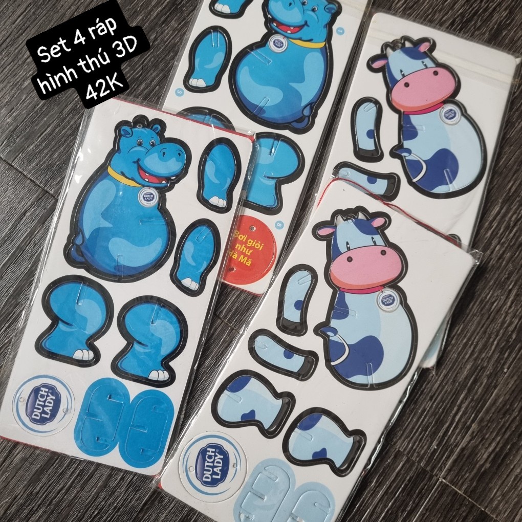 Set 4 mô hình đồ chơi xếp hình , lắp ráp hình thú 3D hình hà mã và bò sữa Dutch Lady cho bé trai và bé gái