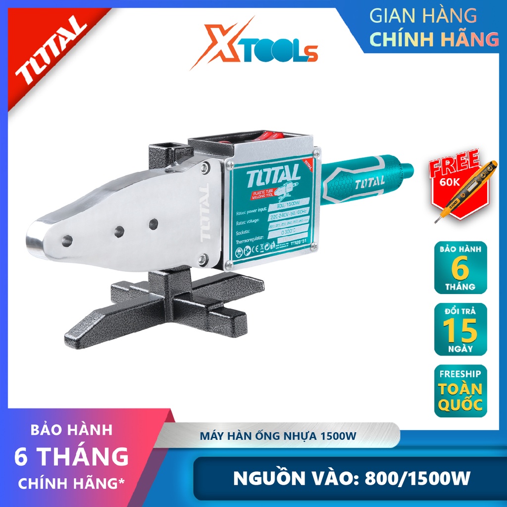 Máy hàn ống nhựa TOTAL TT328151 máy hàn nhiệt ống 800/1500W, 220-240V~50/60Hz, Điều chỉnh nhiệt 0-300°C, 2 cấp gia nhiệt