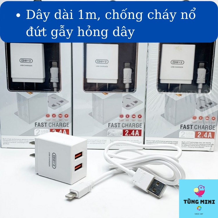 Bộ Củ Sạc Nhanh 2 Cổng BYZ-U20 2.4a Kèm Cáp Sạc Nhanh Chân Lightning/ Type C/ Micro Tùng mini 681