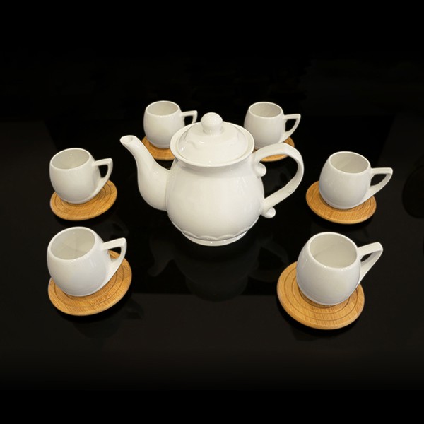 Bộ ấm chén giá tre + đĩa tre cao cấp