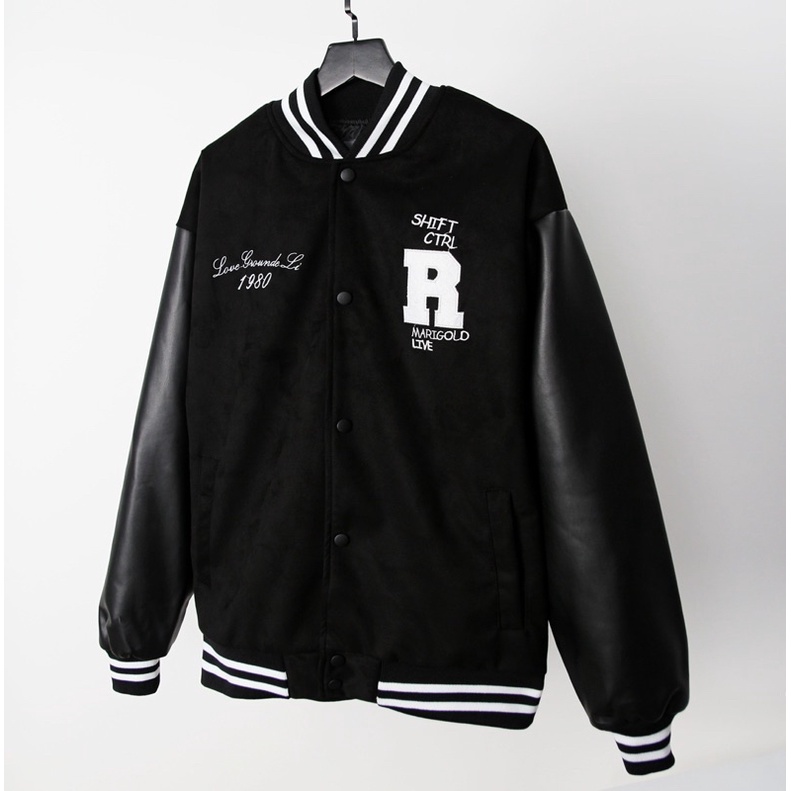 Áo khoác varsity logo R thêu nổi form rộng Unisex all black ( tặng kèm áo phông 0đ cho 100 đơn hàng đầu tiên )