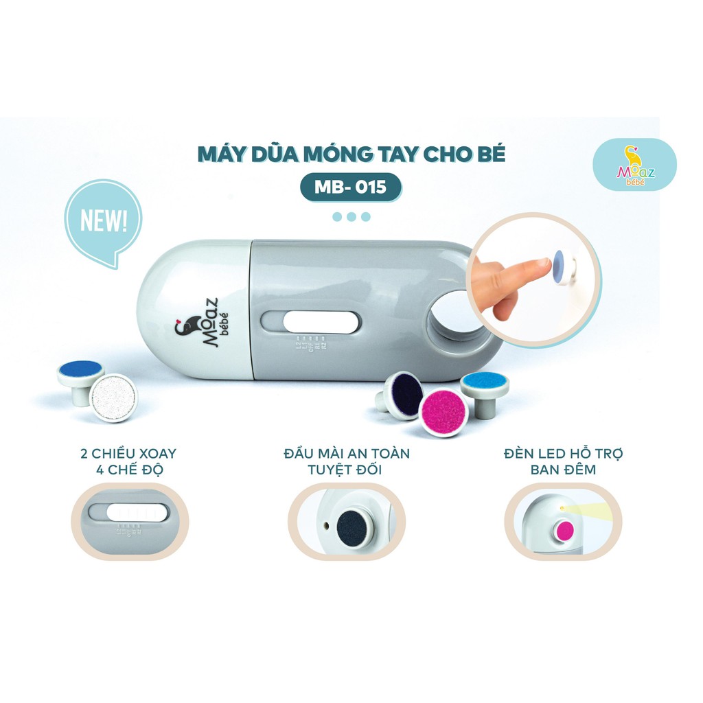 Máy Dũa Móng Tay MOAZ BEBE MB-015 Với 6 Tấm Mài, Đèn Pin Hỗ Trợ (Bảo Hành 12 Tháng)