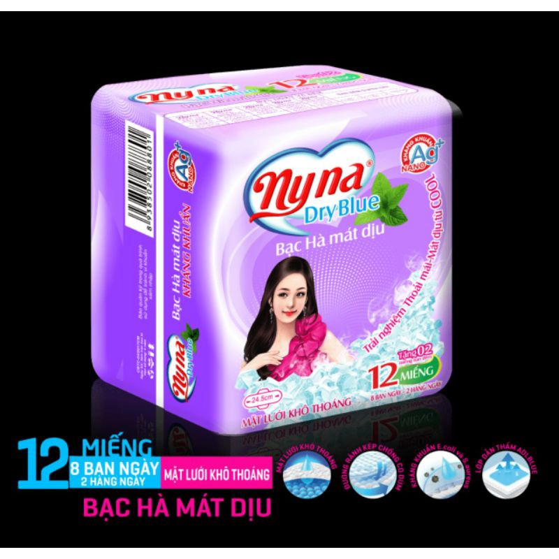 Lốc 8 gói các loại bvs Nyna siêu mỏng, kháng khuẩn, cool mát lạnh