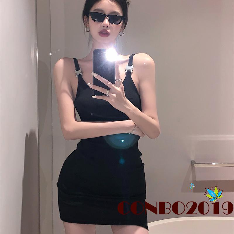 Đầm Mini Hai Dây Dệt Kim Màu Trơn Hở Lưng Thời Trang Mùa Hè Cho Nữ