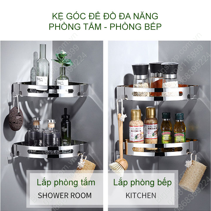 Kệ góc để đồ thông minh đa năng bằng inox 304, lắp nhà tắm, bếp loại gắn tường bằng keo hoặc vít