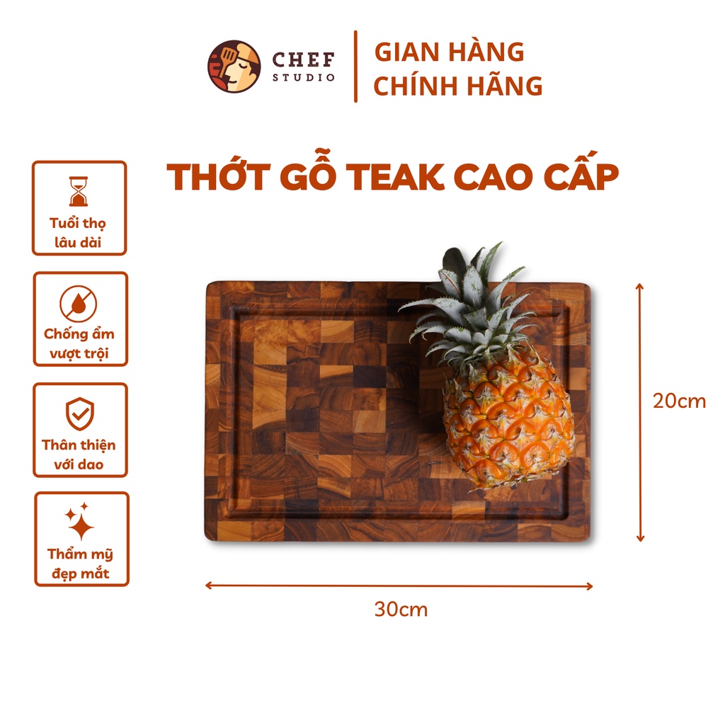 Thớt gỗ Teak Chef Studio cao cấp hình chữ nhật, đa dụng, an toàn cho sức khỏe, 20x30 cm dày 2.5 cm - 10227