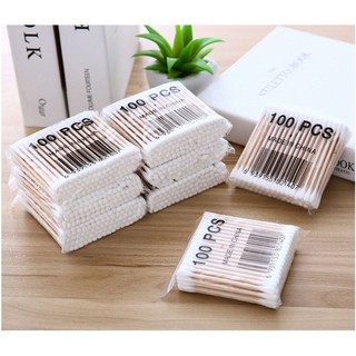 Bịch 100 tăm bông ngoáy tai thân gỗ cứng cáp đầu tròn Eotiay (loại tốt)