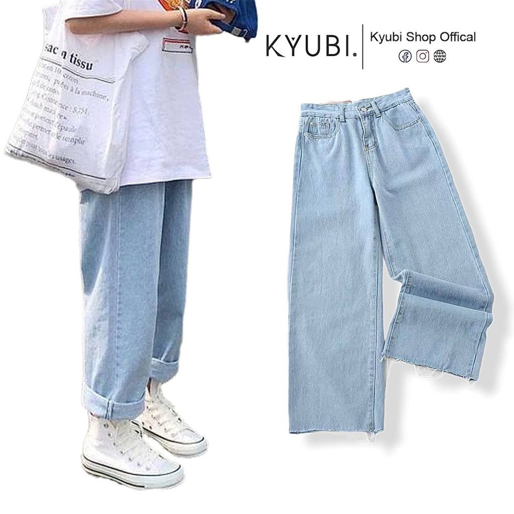 Quần Jeans Baggy Ống Rộng lai cắt tua cá tính [ Nhạt _ Đậm ] [Có Bigsize] - Quần Jean Ống rộng Kyubi BJR21