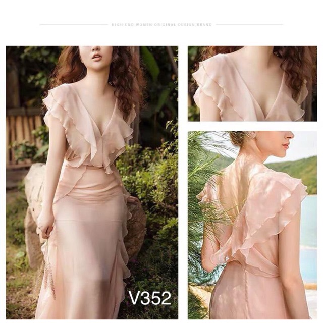 JANGMI - V352 VÁY TƠ DÁNG SUÔNG VIỀN DÂY BÈO