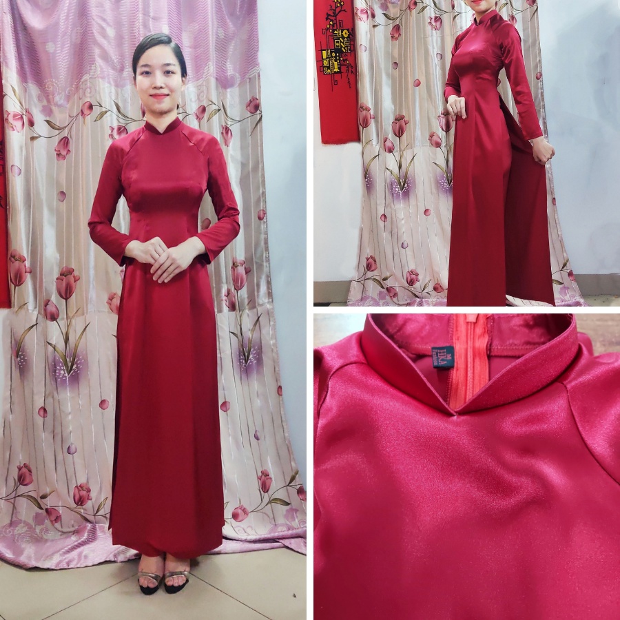 ÁO DÀI TRUYỀN THỐNG PHI BÓNG MÀU ĐỎ ĐÔ, ÁO DÀI MAY SẴN CÓ BIGSIZE @