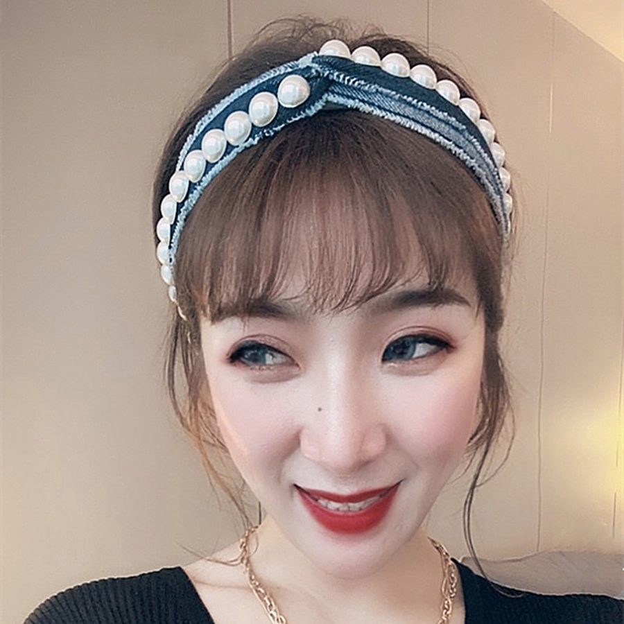 Cài Tóc Vải Denim Thắt Nút Đính Ngọc Trai Phong Cách Hàn Quốc