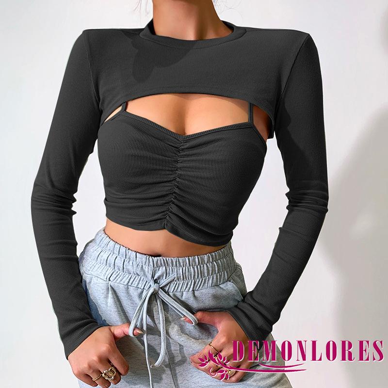 Set áo thun tay dài cổ tròn màu trơn phối áo khoác ngoài không tay thời trang cho nữ