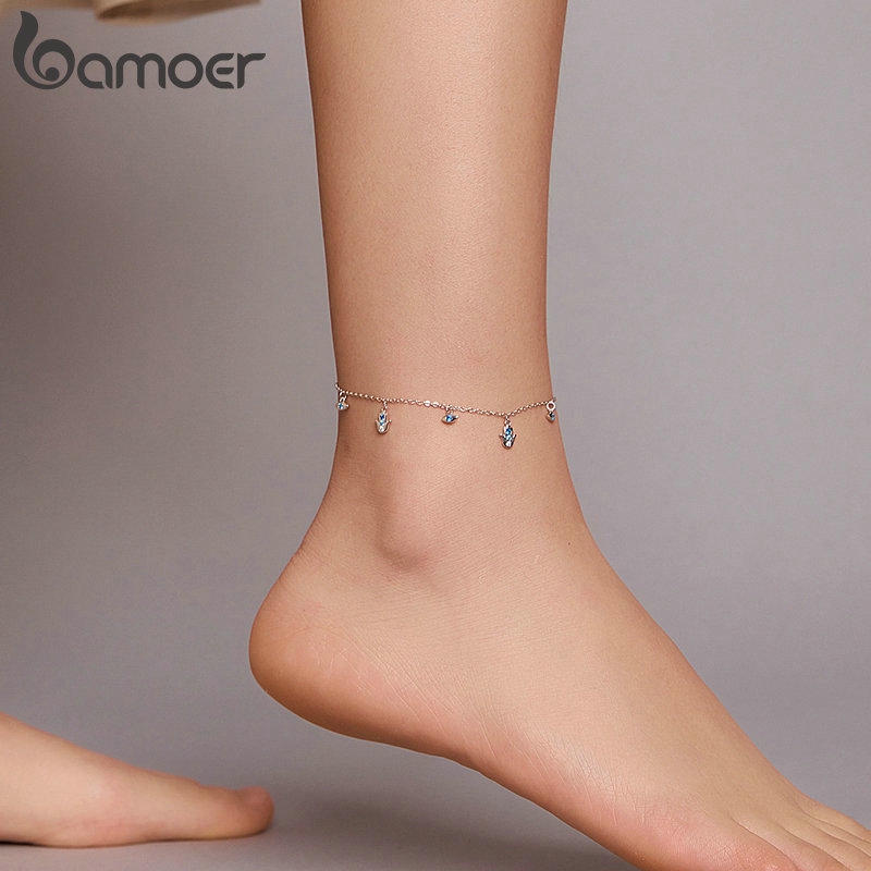Lắc chân Bamoer BST004 bằng bạc đính ngọc mắt xanh dương sang trọng thời trang mùa hè cho nữ