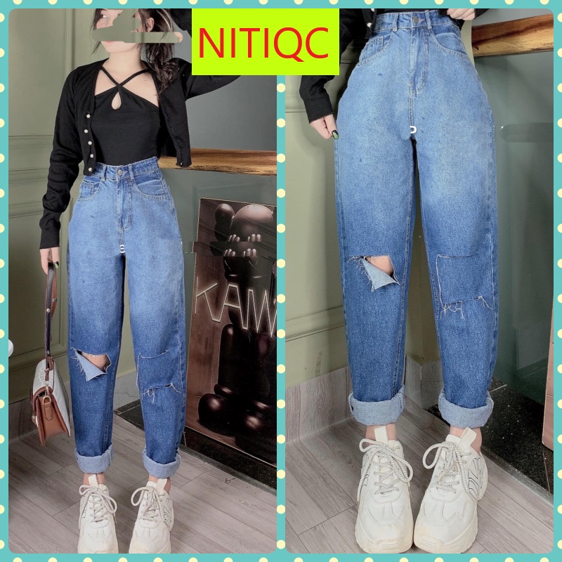 QUẦN BAGGY JEANS NỮ LƯNG CAO LOANG MÀU XANH ĐẬM RÁCH VẠT PHẢI 2 SỌC TRÁI DÀY DẶN MỀM MỊN PHONG CÁCH NITIQC SIÊU NGẦU