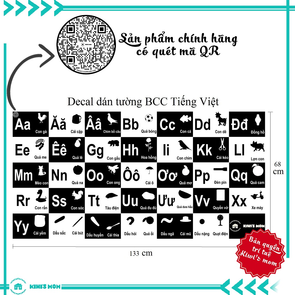 DECAL BẢNG CHỮ CÁI ĐEN TRẮNG KÍCH THÍCH THỊ GIÁC KIWI'S MOM 4 lớp cao cấp chống nước