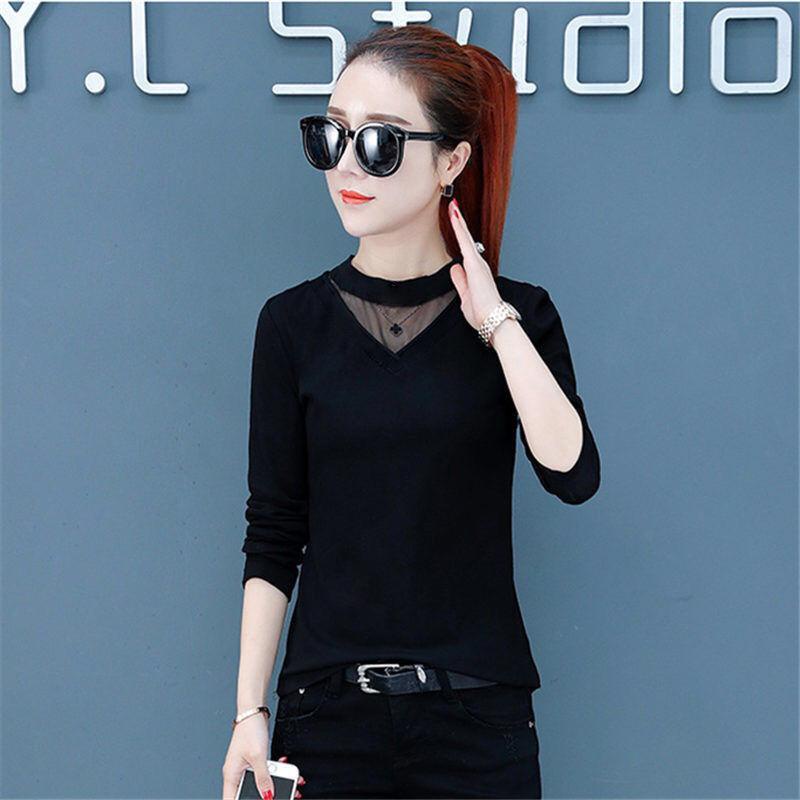 Thời Trang Áo Thun Nữ Tay Dài Dáng Rộng Cổ Chữ V Họa Tiết Sọc Ngang