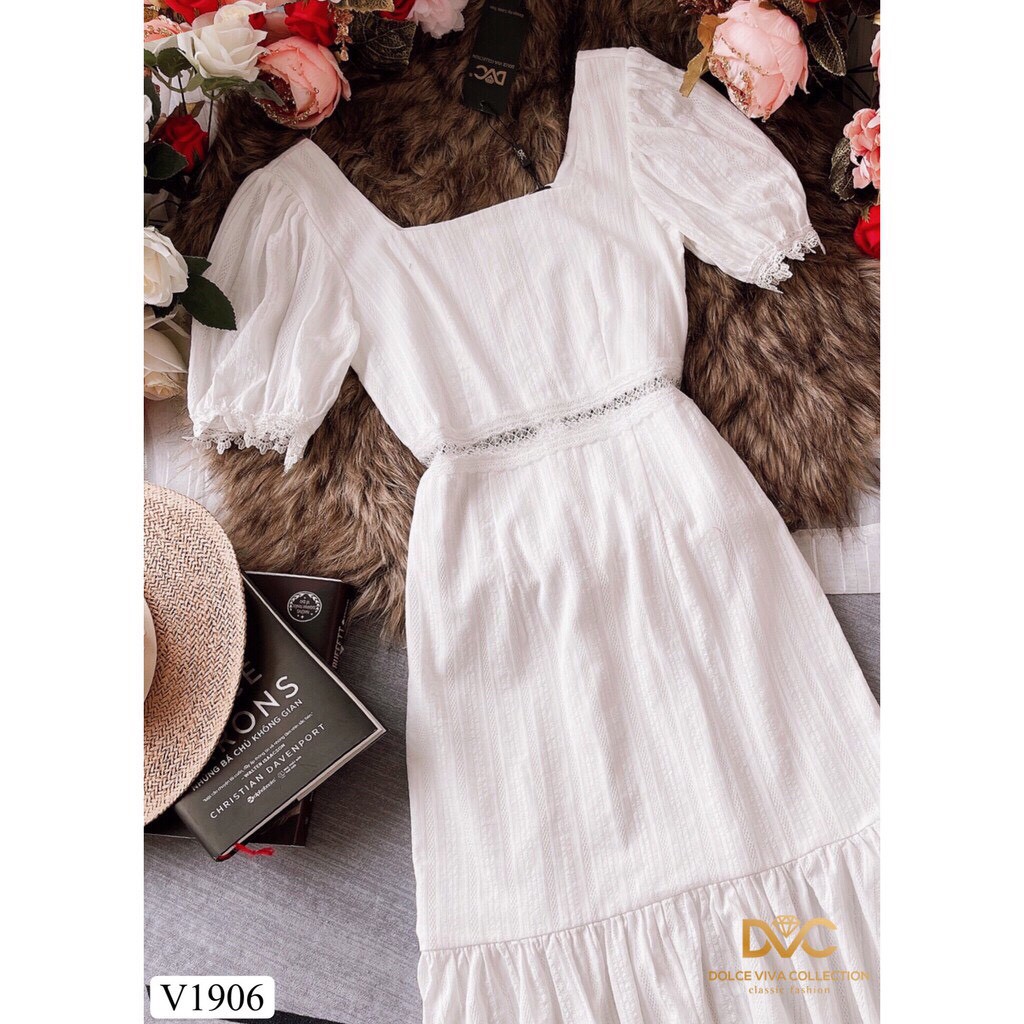 (Siêu rẻ) Váy trắng cổ vuông đuôi cá V1906 (Kèm ảnh thật trải sàn do shop tự chụp)