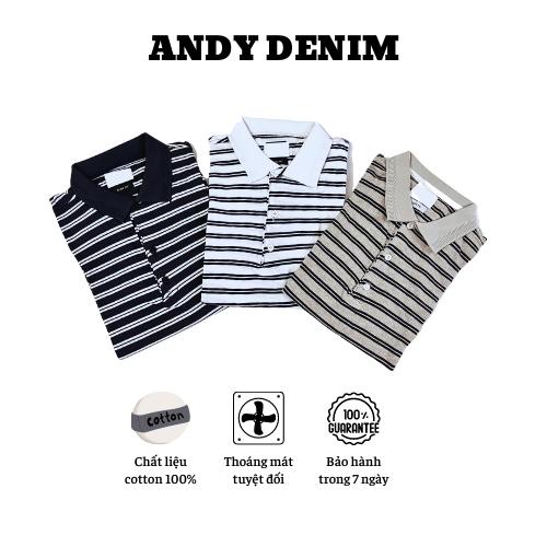Áo polo nam chất liệu cotton 100%, áo thun nam cổ bẻ hoạ tiết kẻ ngang, mềm mát, thấm hút mồ hôi
