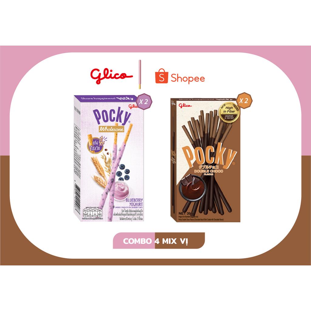 Combo 4 hộp Bánh que Pocky Wholesome phủ kem mix vị (36g/hộp) - 2 Blueberry Yogurt 2 Chocolate Almond