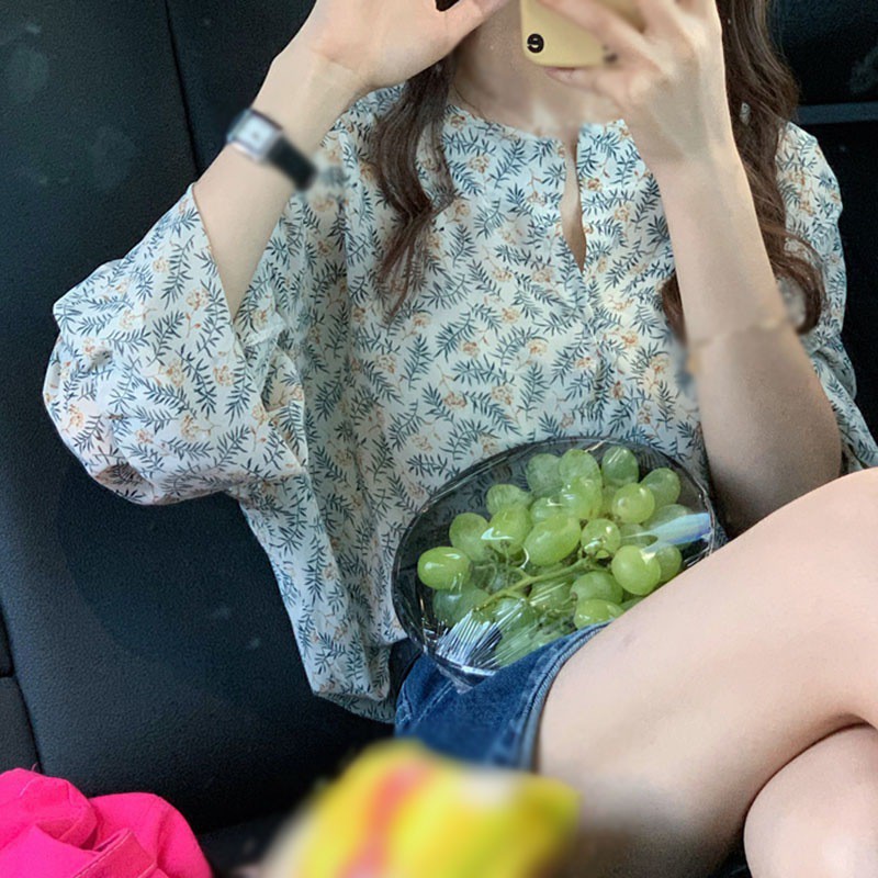 Áo Sơ Mi Dài Tay In Hoa Xinh Xắn Cho Nữ