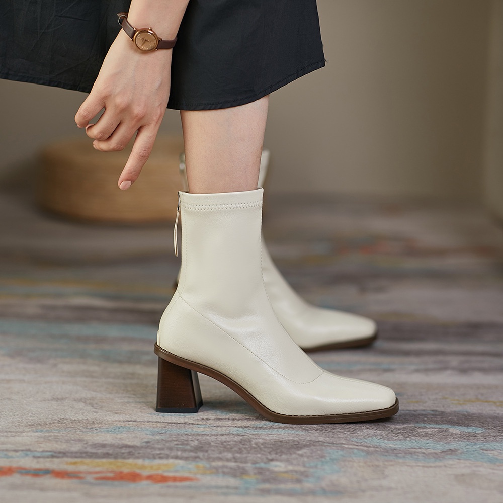 Giày bốt Martin cao gót dày co giãn mỏng màu trơn thời trang mùa thu kiểu Pháp 2021 cho nữ | BigBuy360 - bigbuy360.vn