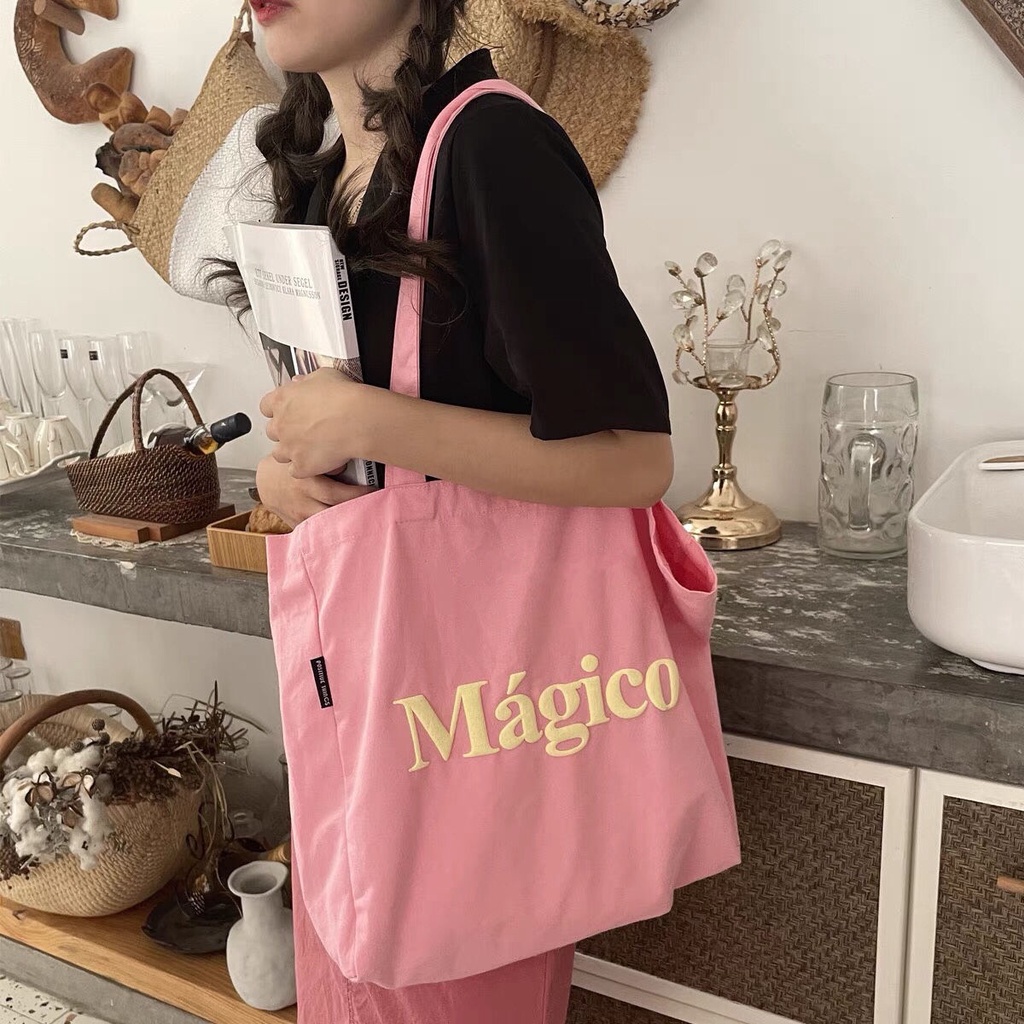 Túi Tote Vải Bố Màu Hồng Dung Tích Lớn In Chữ