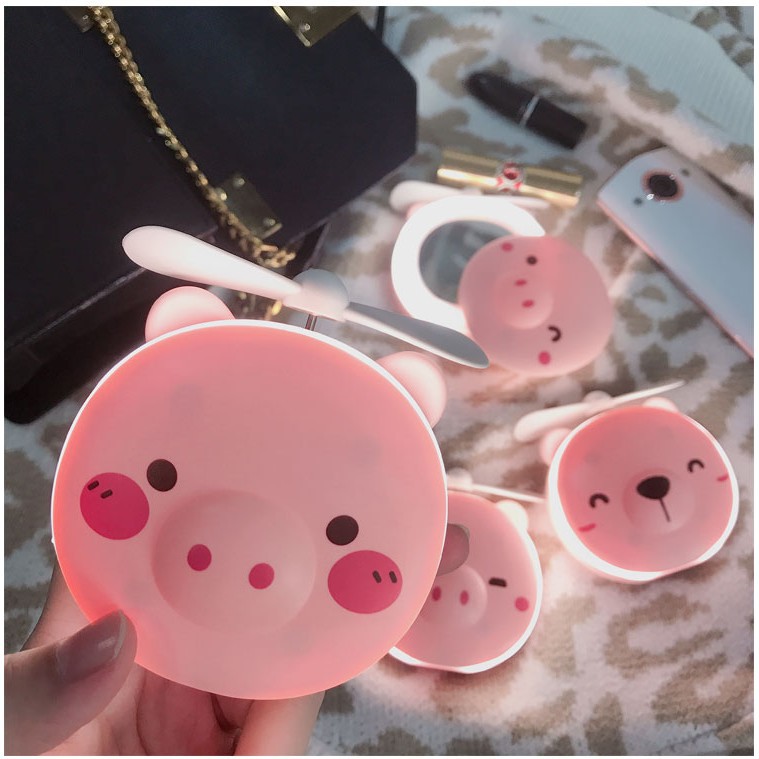 Quạt mini cầm tay lợn kèm gương và đèn LED siêu dễ thương | BigBuy360 - bigbuy360.vn