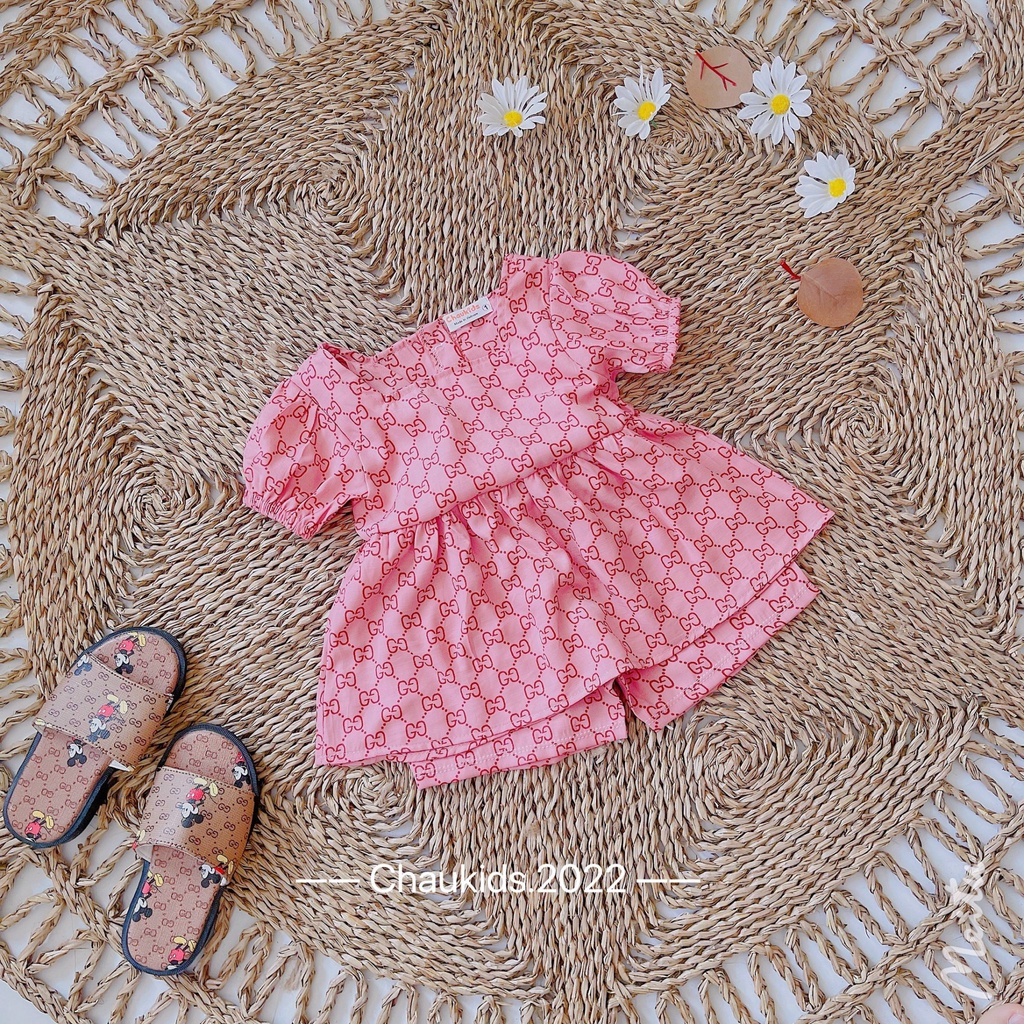 Bộ cộc tay bé gái, cặp bộ Gucc in tràn dáng babydoll tay bồng cho bé