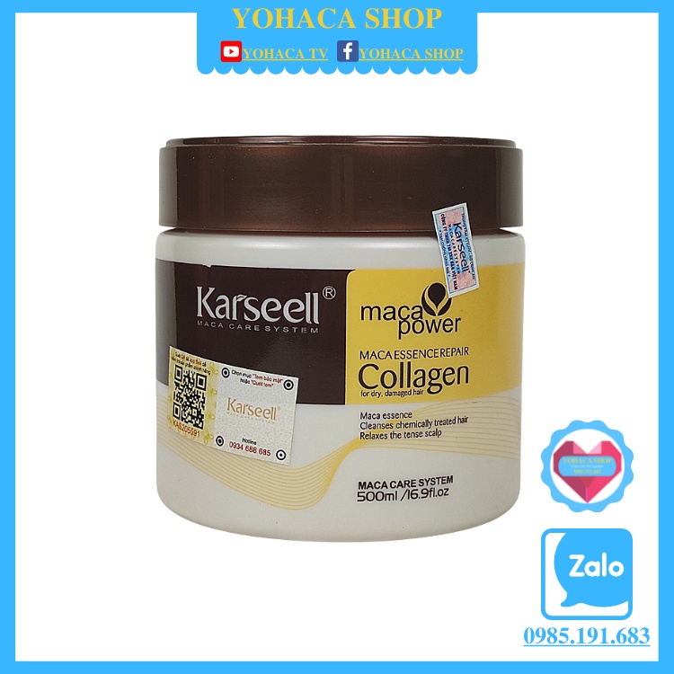  (Tặng Mũ ủ )Kem Hấp Tóc Collagen Karseell Maca Siêu Mềm Mượt Tóc Ý 500ml ( Dạng hủ )
