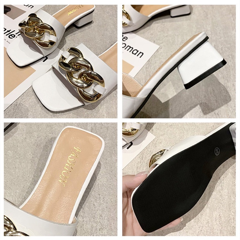 Dép Sandal Cao Gót Nữ Mũi Vuông Phối Kim Loại Thời Trang