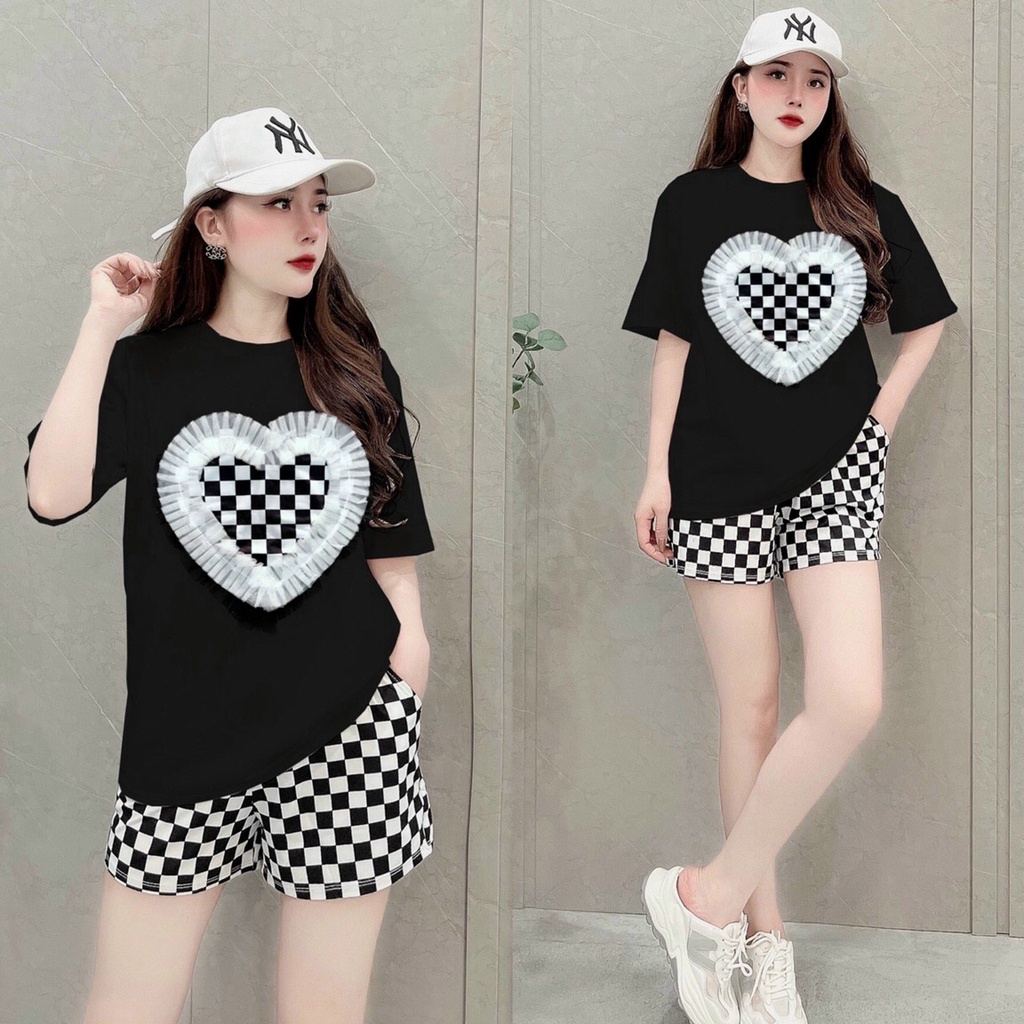 Đồ Bộ ThờI Trang Nữ - Set Bộ Thun Nữ Form Rộng Thêu Họa Tiết Caro Đắp Tim Nổi Chất Thun Cotton Đủ Size M L X