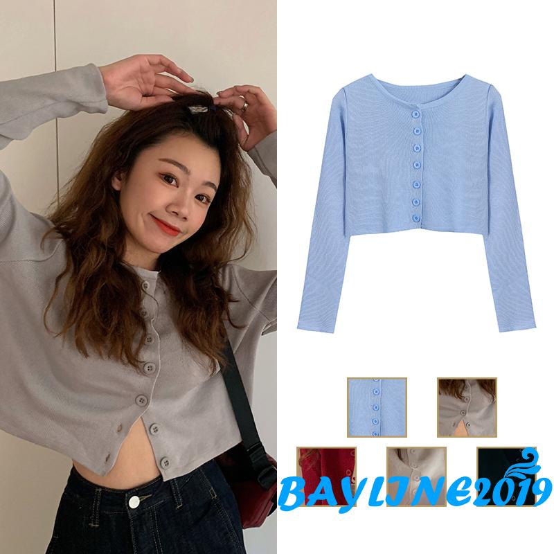 Áo Croptop Tay Dài Màu Sắc Đơn Giản Cho Nữ