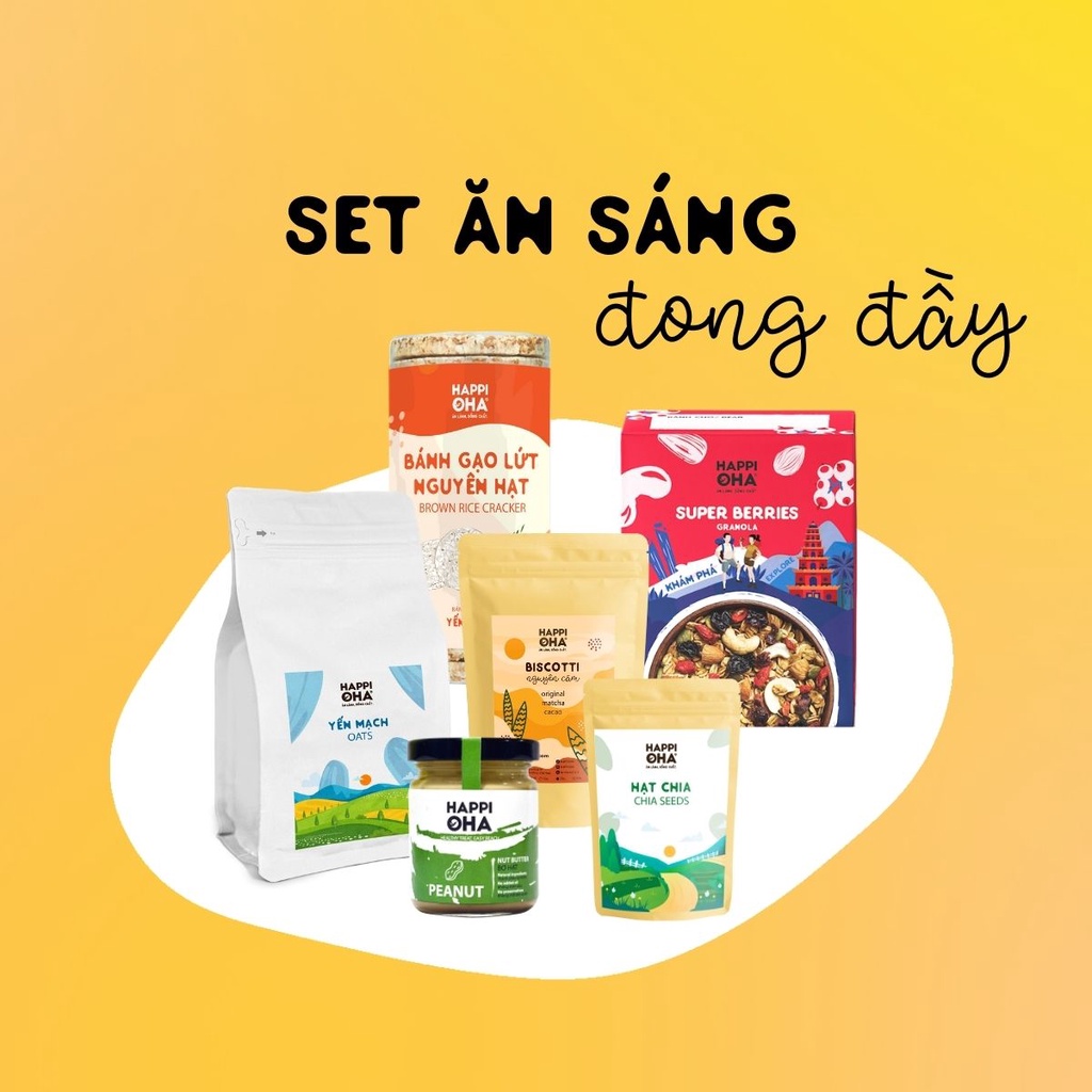 Set ăn sáng đong đầy HAPPI OHA gồm 6 sản phẩm granola, bánh gạo, bơ đậu phộng, biscotti, yến mạch, hạt chia