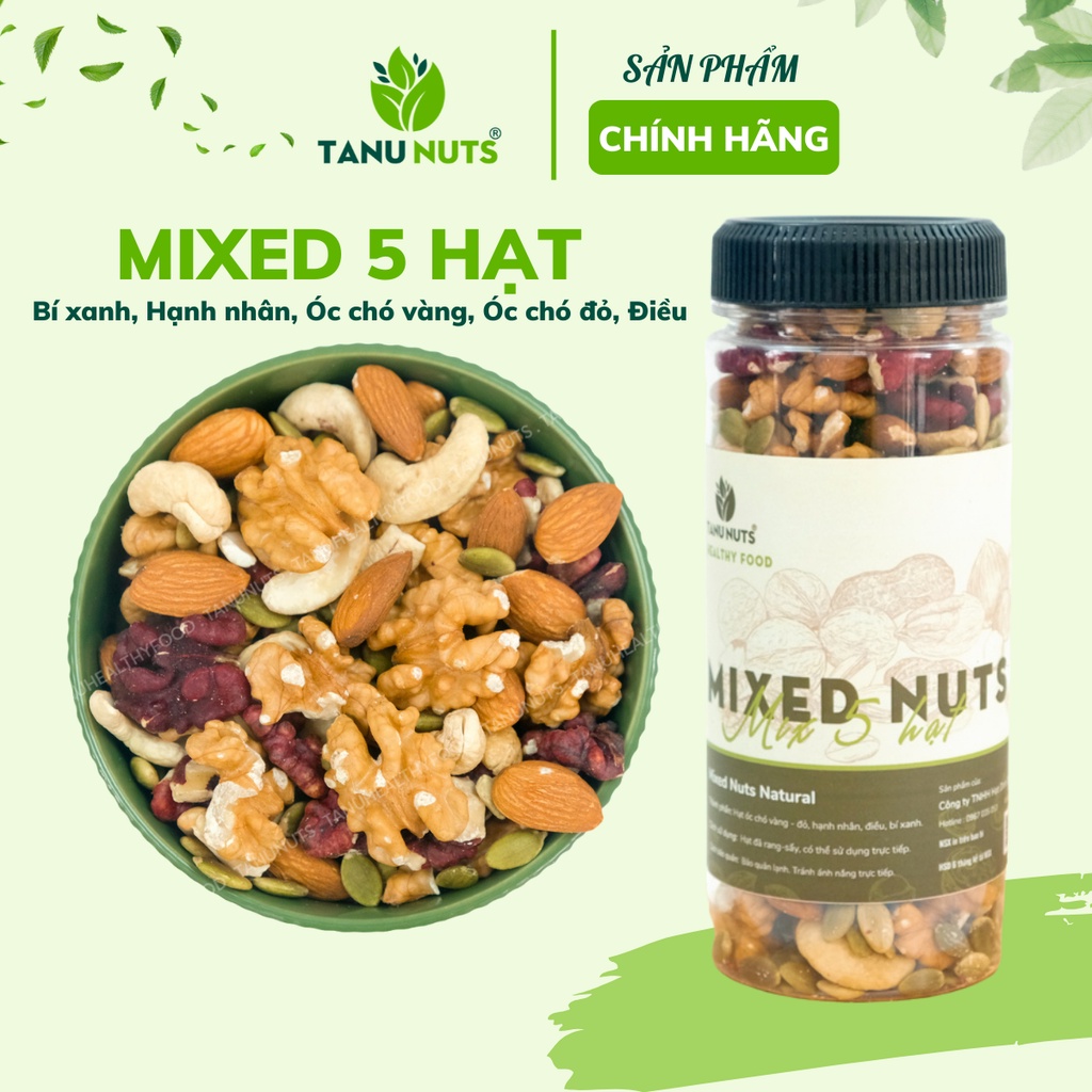 Hũ 350g hạt dinh dưỡng mix 5 TANU NUTS, hạt ngũ cốc dinh dưỡng bà bầu, mix óc chó vàng và đỏ, điều, hạnh nhân, bí xanh