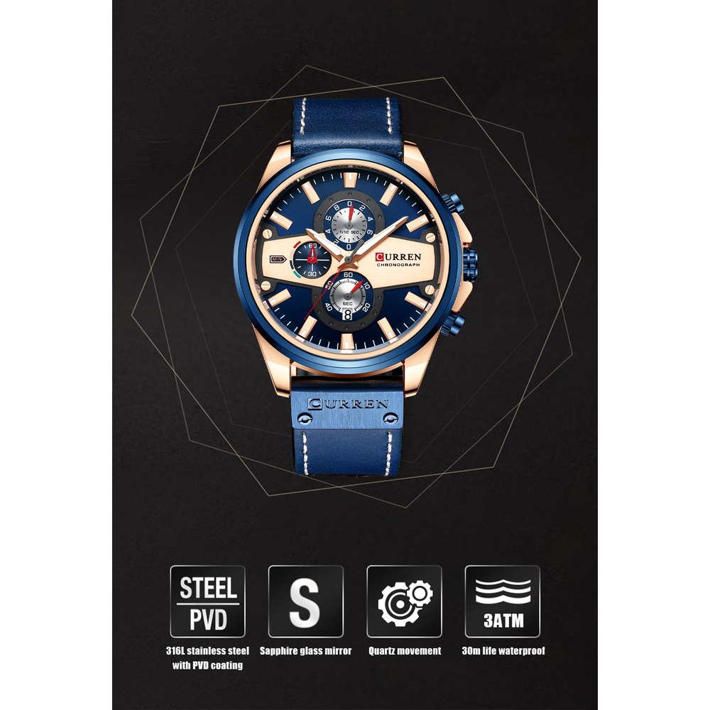 Đồng hồ đeo tay CURREN dây da màu xanh dương kiểu dáng thời trang sang trọng chống thấm nước 8394