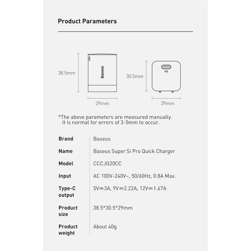 Củ Sạc Baseus 20W PD Super Si Type C Hỗ Trợ Sạc Nhanh QC3.0 Kích Thước Nhỏ Gọn Cho Android / iPhone 12 Pro Max