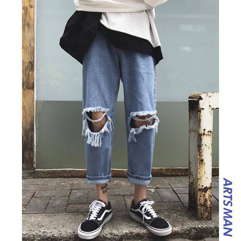 Men jeans Wide Leg denim pant Loose Straight Baggy men's jeans Streetwear Hip Hop casual Skateboard pants S-5XL Neutral trousers Hong Kong style 9-point-hole jeans men's patchwork Harajuku BF style casual loose straight beggars' pants men's wide leg pants