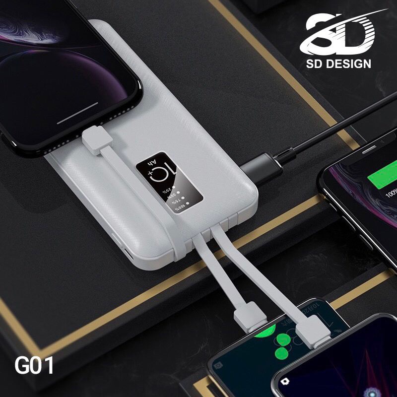 Sạc Dự Phòng SD G01 Tích Hợp 4 Cáp Sạc Micro, Lingtning, TypeC Cho Xiaomi Samsung IPhone Oppo, Pin 10.000mAh