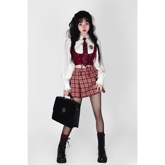 Bộ Áo Sơ Mi Giả Hai Lớp + Chân Váy Xếp Ly Phong Cách Preppy Thời Trang Mùa Thu 2022 Dành Cho Bạn Nữ