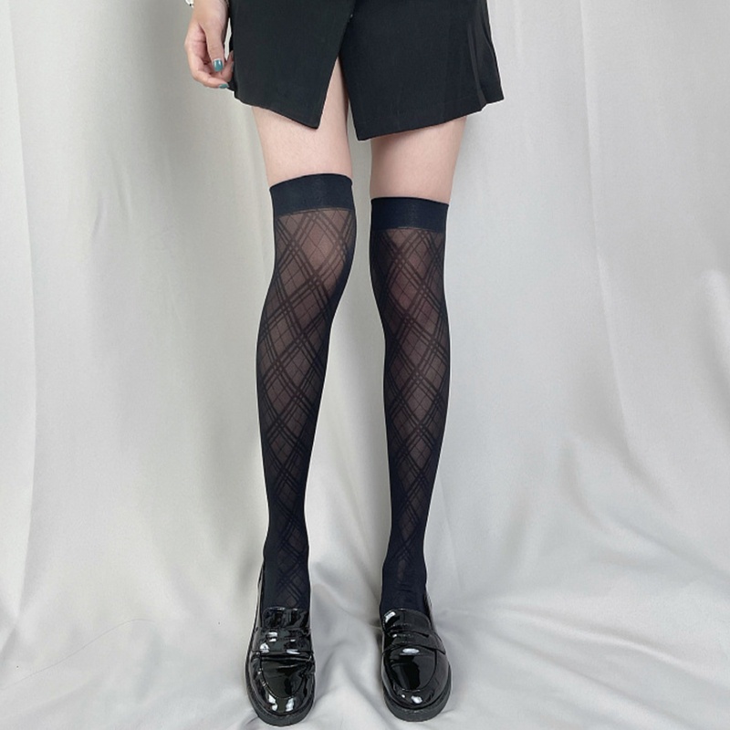 Vớ Dài Qua Gối Mỏng Họa Tiết Sọc Caro Đính Kim Cương Phong Cách Lolita Nhật Bản Cho Nữ