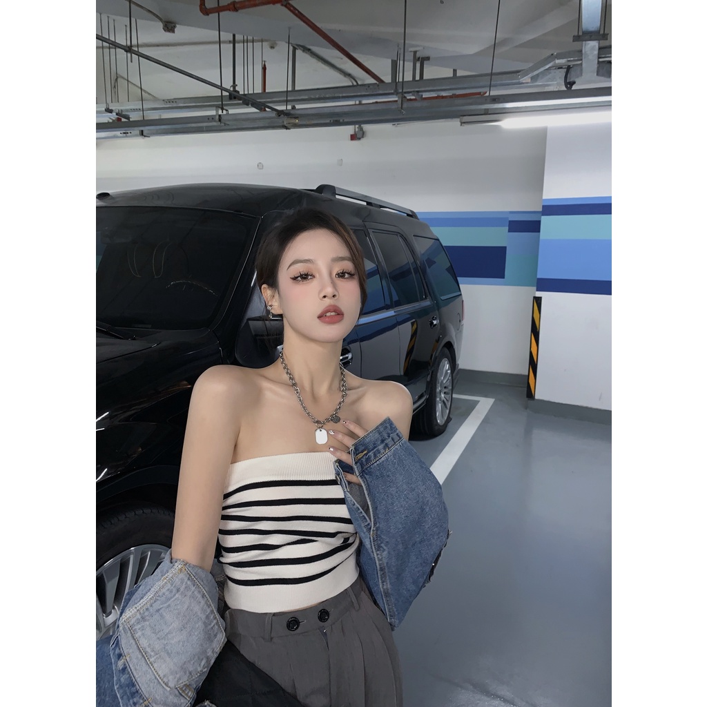 Porozi Áo croptop dệt kim in sọc phong cách Hàn Quốc cho nữ