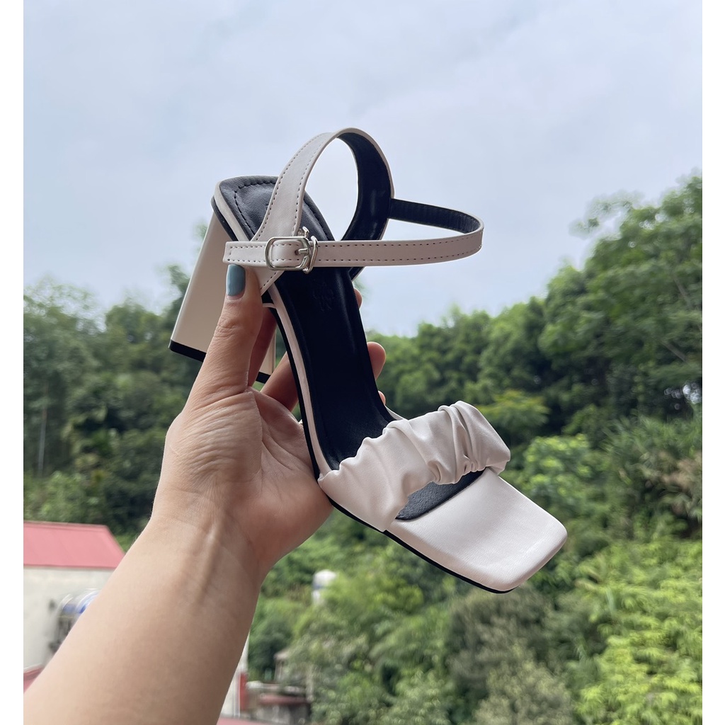 Sandal da mịn quai nhún gót trụ tam giác to - 9P