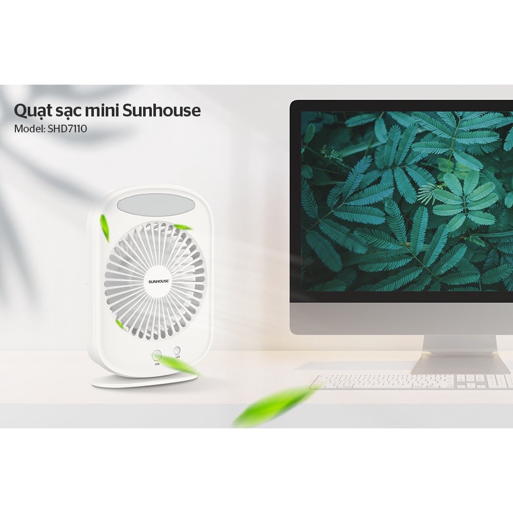 Quạt Tích Điện Mini Sunhouse SH7110, Sạc Điện Nhanh, Pin Khỏe, Chạy Êm, Có Đèn Led – Quạt Sạc Sunhouse - Quạt Để Bàn