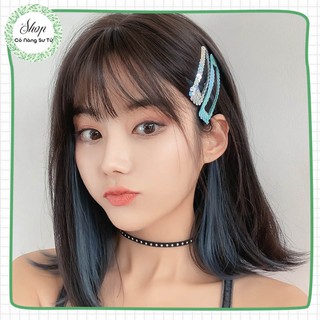 Tóc giả nữ nguyên đầu ngắn nhuộm hightlight xanh nổi bật kết hợp mái thưa trẻ trung - Cô nàng sư tử