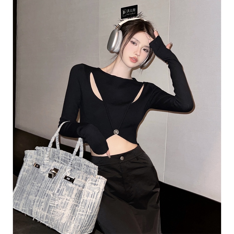 Áo croptop QKOOLE dệt kim tay dài phong cách Hàn Quốc thời trang cho nữ