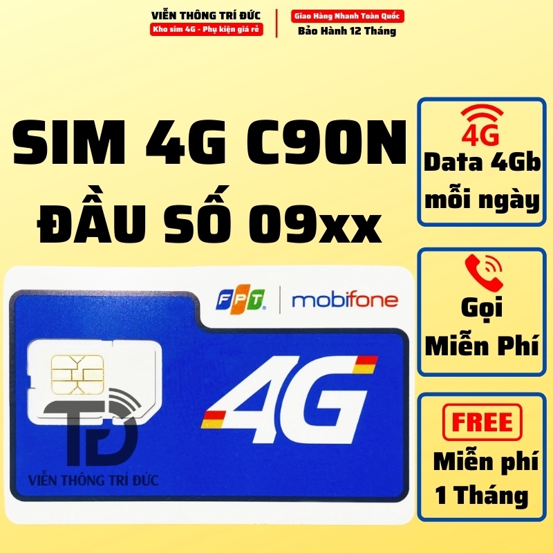 Sim 4G Mobifone C90N Data 120Gb (4Gb/Ngày) [ĐẦU SỐ 09] Sim gọi miễn phí 1000 phút nội mạng & 50 phút liên mạng - Giá rẻ